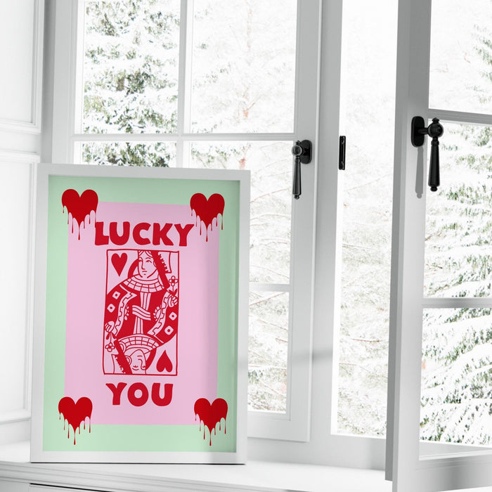 Green retro trendy aesthetic wall art, trendy retro wall print | preppy wall art | preppy pink poster | retro dorm decor, lucky you, preppy