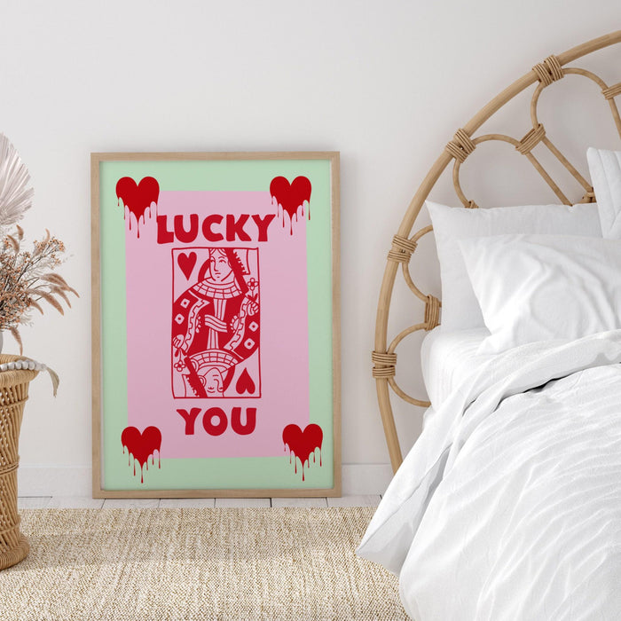 Green retro trendy aesthetic wall art, trendy retro wall print | preppy wall art | preppy pink poster | retro dorm decor, lucky you, preppy