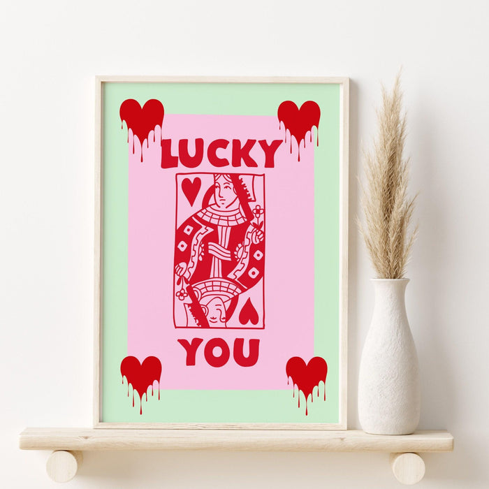 Green retro trendy aesthetic wall art, trendy retro wall print | preppy wall art | preppy pink poster | retro dorm decor, lucky you, preppy