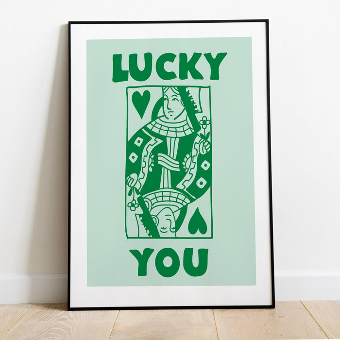 Green retro trendy aesthetic wall art, trendy retro wall print | preppy wall art | orange and pink poster | retro dorm decor, lucky you