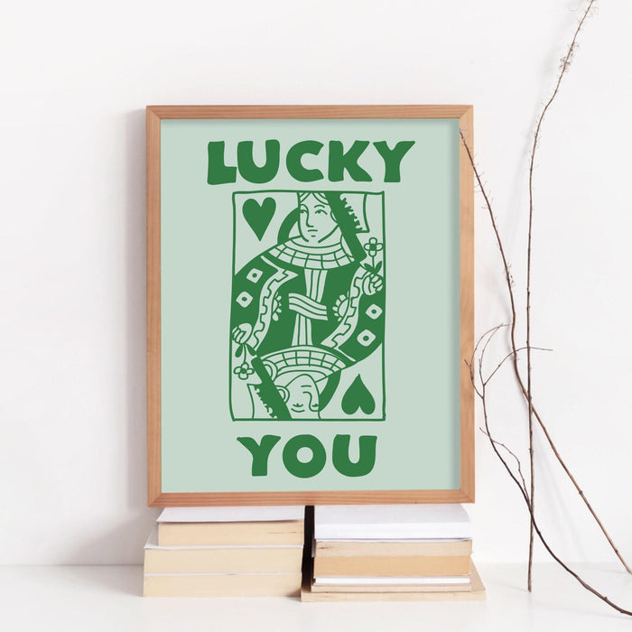 Green retro trendy aesthetic wall art, trendy retro wall print | preppy wall art | orange and pink poster | retro dorm decor, lucky you