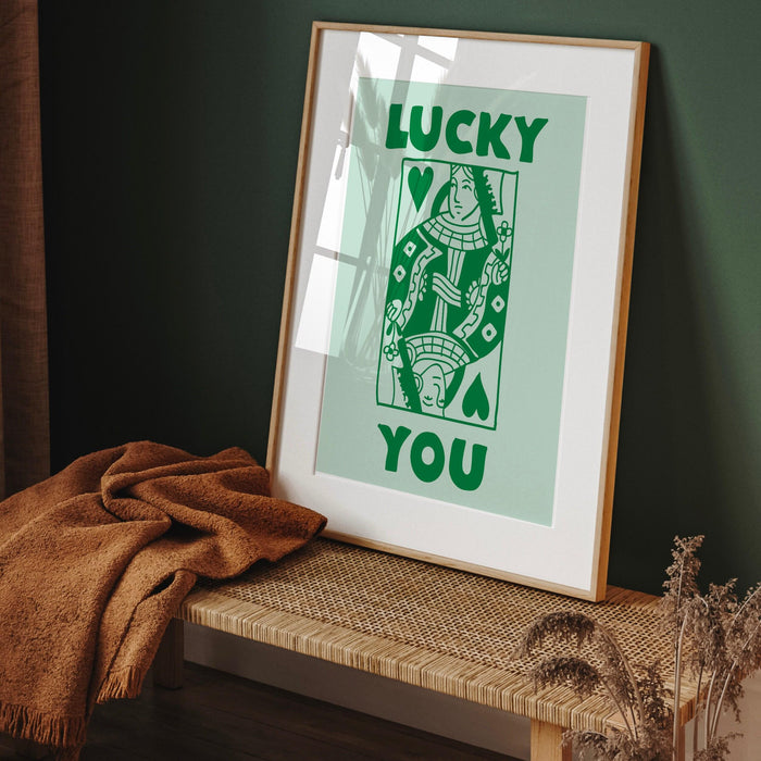Green retro trendy aesthetic wall art, trendy retro wall print | preppy wall art | orange and pink poster | retro dorm decor, lucky you