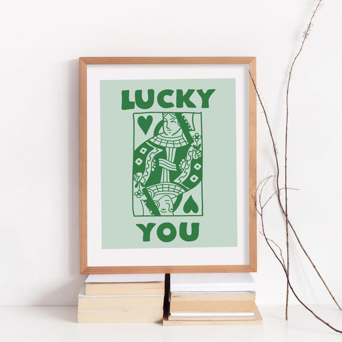 Green retro trendy aesthetic wall art, trendy retro wall print | preppy wall art | orange and pink poster | retro dorm decor, lucky you