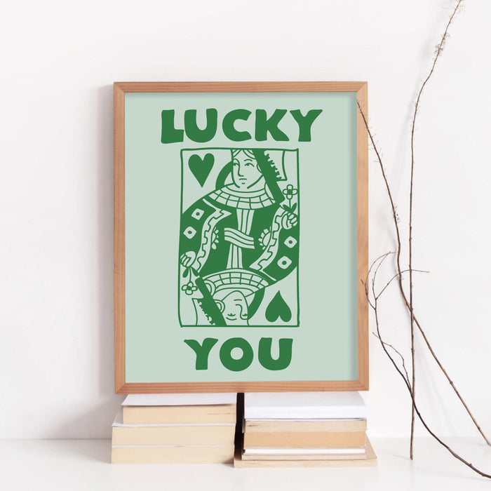 Green retro trendy aesthetic wall art, trendy retro wall print | preppy wall art | orange and pink poster | retro dorm decor, lucky you