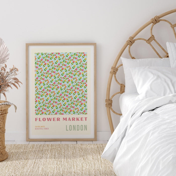 Green flower market digital download, 70s style poster, 60s flower print, pink green decor, daughter gift, printable wall art, flower print