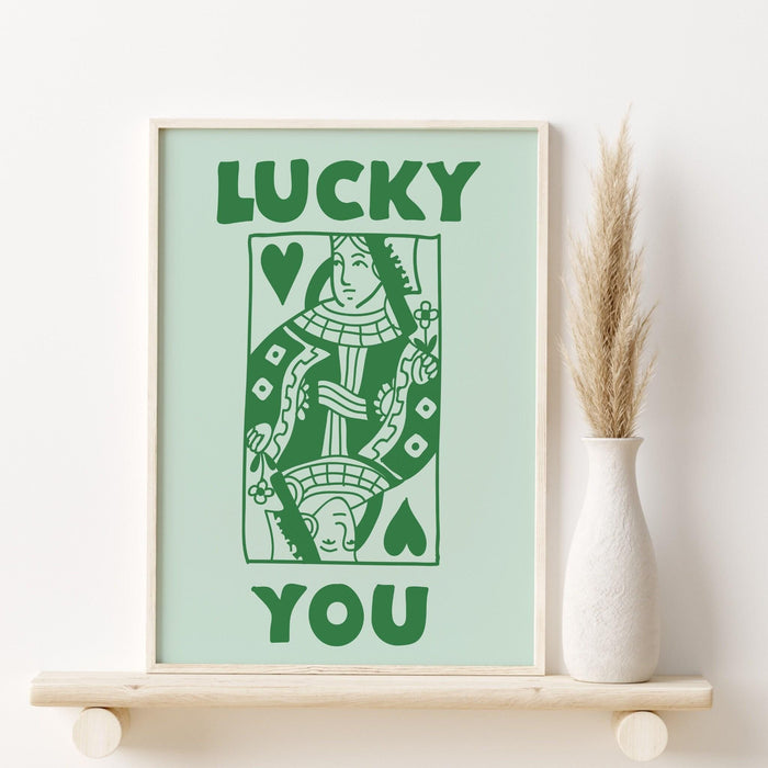 Green retro trendy aesthetic wall art, trendy retro wall print | preppy wall art | orange and pink poster | retro dorm decor, lucky you