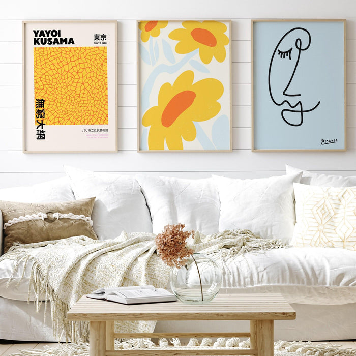 Gallery wall set of 3 prints,picasso print, flower market print,yayoi kusama poster,matisse cut out,trendy wall art,digital download,orange