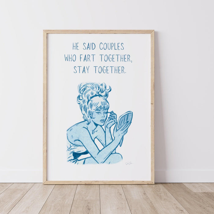 Funny retro poster, blue minimalist wall decor, fun gift fo girlfriend, fart joke,  digital download, girly dorm room art