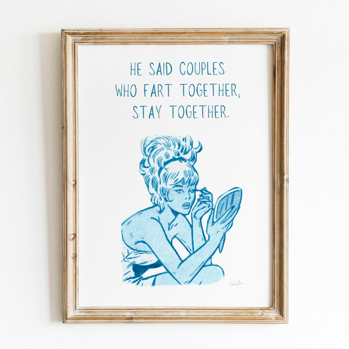Funny retro poster, blue minimalist wall decor, fun gift fo girlfriend, fart joke,  digital download, girly dorm room art