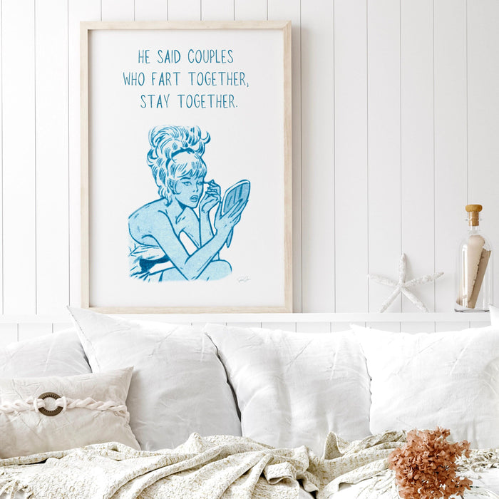 Funny retro poster, blue minimalist wall decor, fun gift fo girlfriend, fart joke,  digital download, girly dorm room art