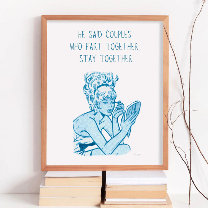 Funny retro poster, blue minimalist wall decor, fun gift fo girlfriend, fart joke,  digital download, girly dorm room art