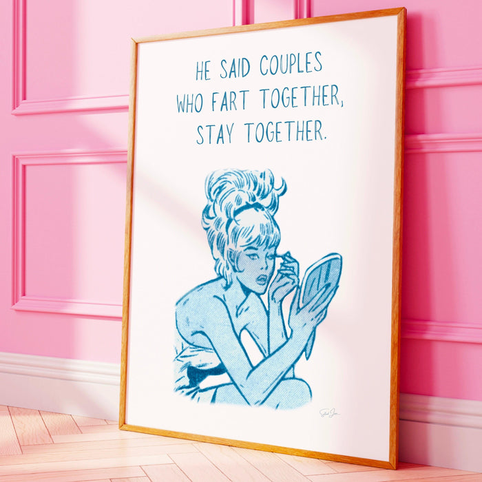 Funny retro poster, blue minimalist wall decor, fun gift fo girlfriend, fart joke,  digital download, girly dorm room art