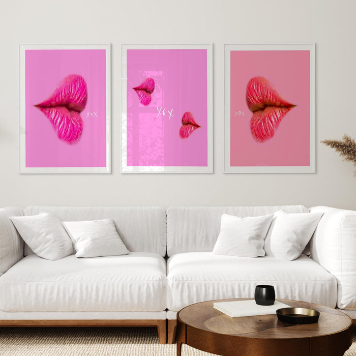Dopamine decor maximalist lips print girls drinking print pink orange fashion wall art pink wall art funky prints  set of 3