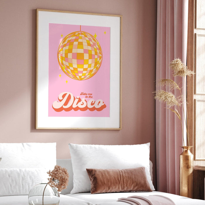 Disco ball wall art, trendy pink and orange print,retro style poster,modern wall art,printable wall art,cute dorm decor,dorm wall art,disco