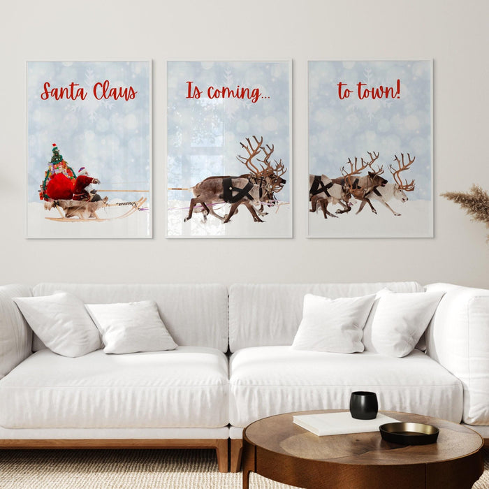 Christmas santa claus reindeer with a sleigh printable | xmas printable home decor | christmas decorations | christmas wall art, set of 3,