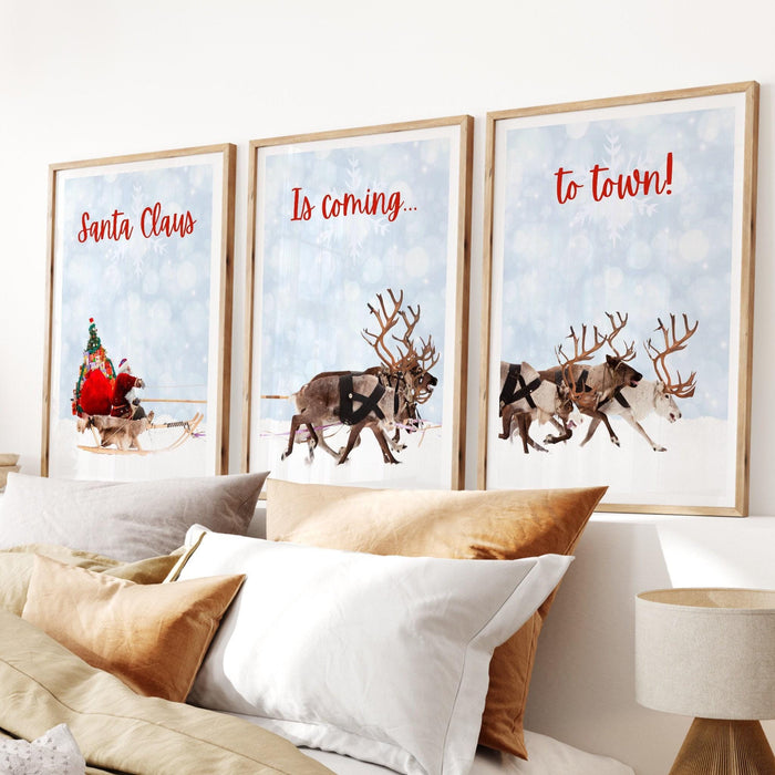 Christmas santa claus reindeer with a sleigh printable | xmas printable home decor | christmas decorations | christmas wall art, set of 3,