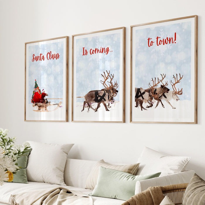 Christmas santa claus reindeer with a sleigh printable | xmas printable home decor | christmas decorations | christmas wall art, set of 3,