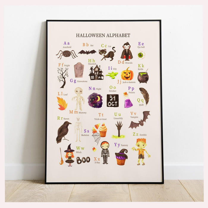 Alphabet chart  halloween, watercolor halloween printable, retro fall, fall printable, print at home, autumn art prints, halloween poster