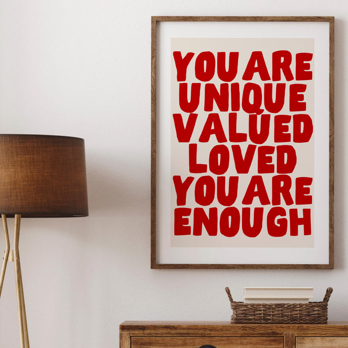 You are unique red poster, funky 70s pink wall art, digital artwork,printable, girly dorm room art trendy retro digital download