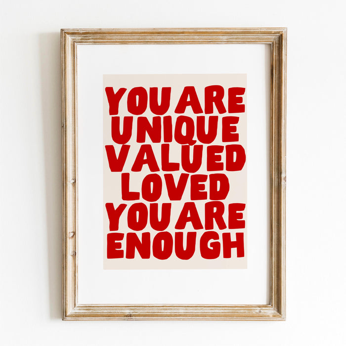 You are unique red poster, funky 70s pink wall art, digital artwork,printable, girly dorm room art trendy retro digital download
