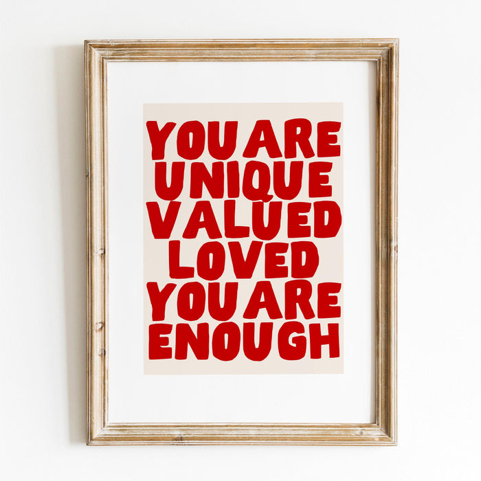 You are unique red poster, funky 70s pink wall art, digital artwork,printable, girly dorm room art trendy retro digital download