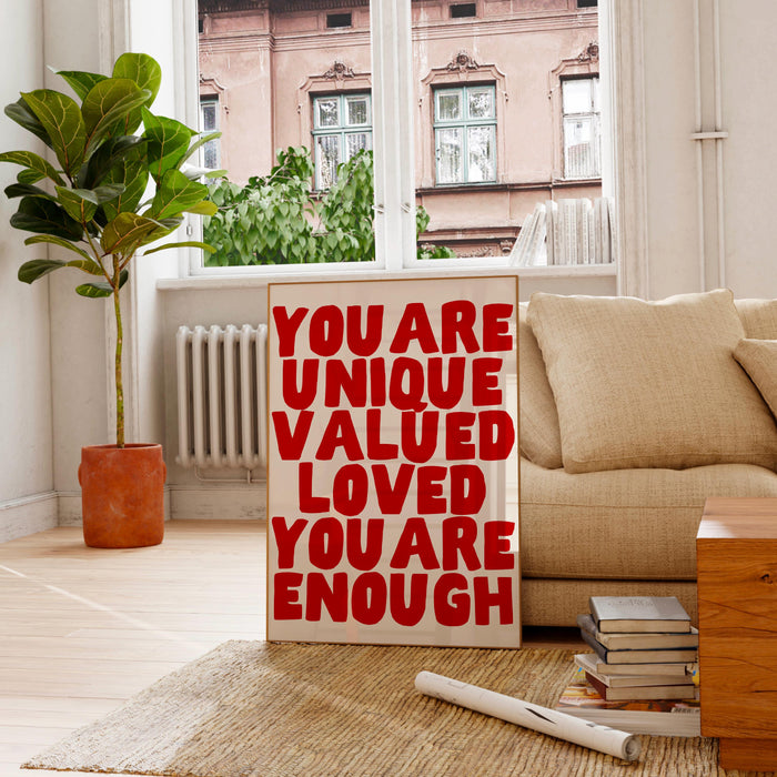 You are unique red poster, funky 70s pink wall art, digital artwork,printable, girly dorm room art trendy retro digital download