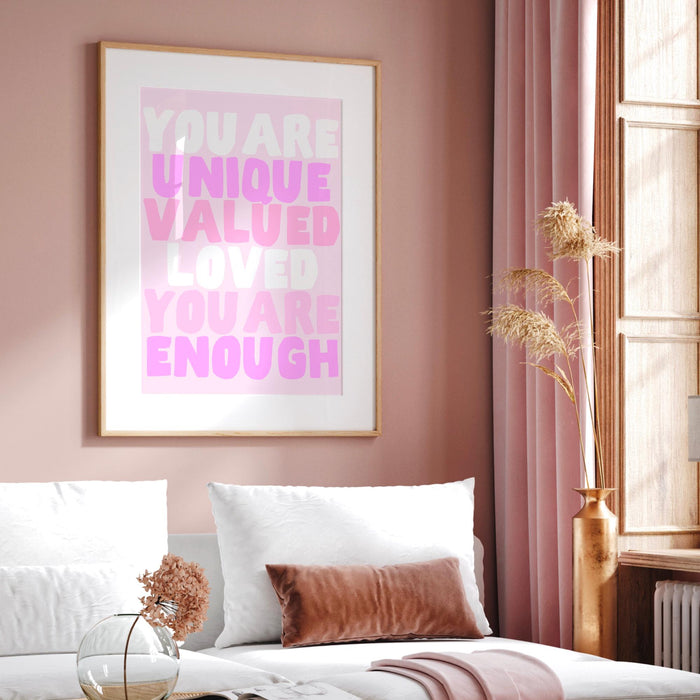 You are unique pink coquette poster funky 70s pink wall art print, digital artwork printable, girly dorm room trendy retro digital download