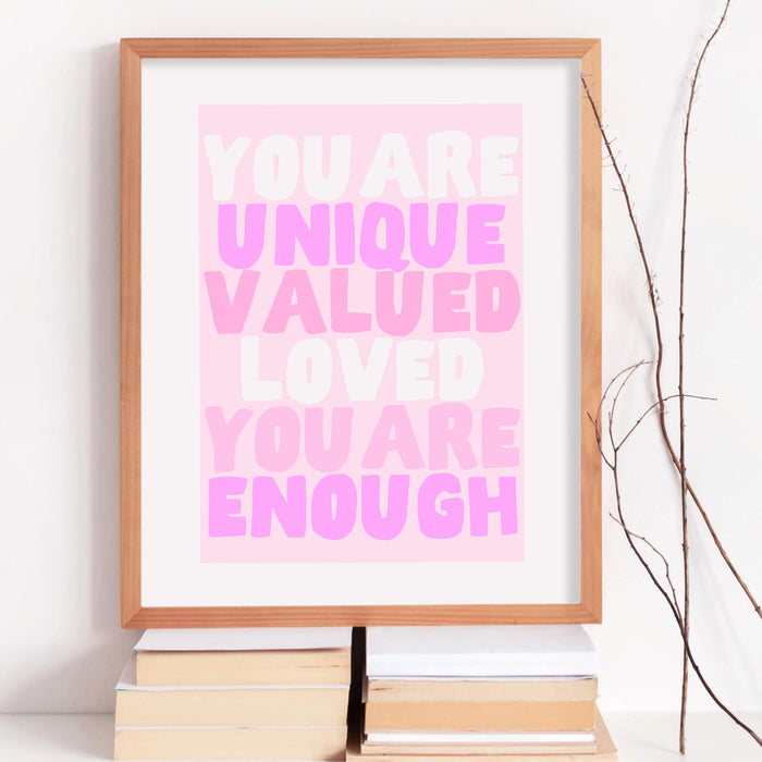 You are unique pink coquette poster funky 70s pink wall art print, digital artwork printable, girly dorm room trendy retro digital download