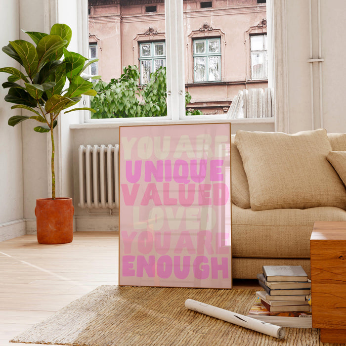 You are unique pink coquette poster funky 70s pink wall art print, digital artwork printable, girly dorm room trendy retro digital download