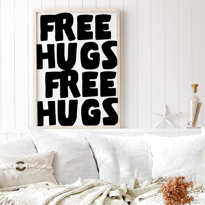 Free hugs unique black white typography poster, funky 70s wall art, digital artwork,printable, girly dorm room trendy retro digital download