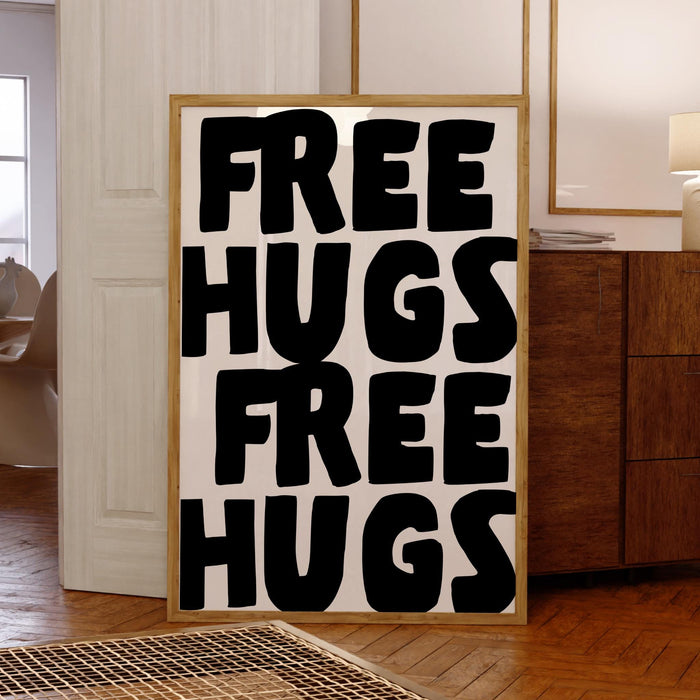 Free hugs unique black white typography poster, funky 70s wall art, digital artwork,printable, girly dorm room trendy retro digital download