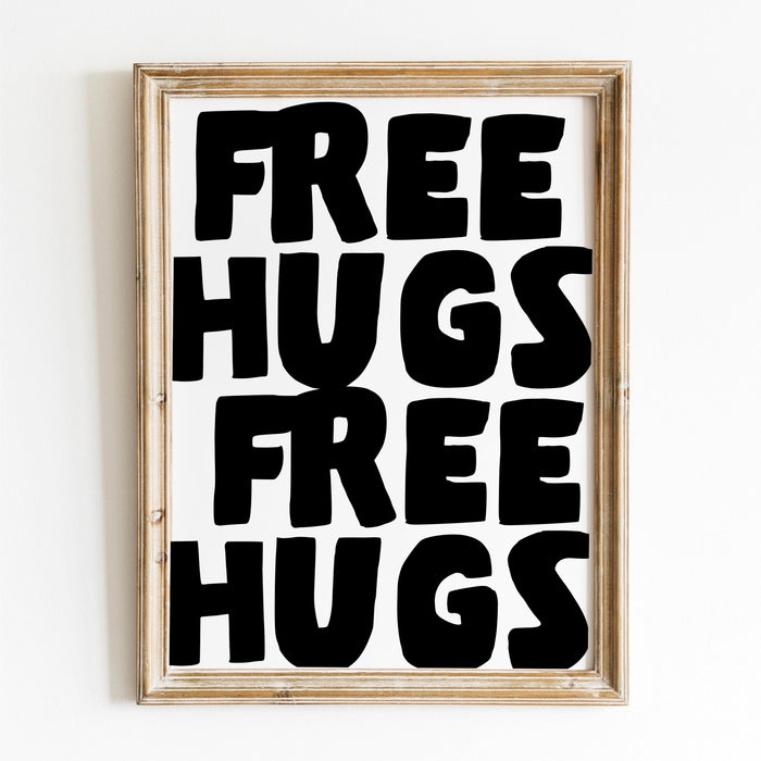 Free hugs unique black white typography poster, funky 70s wall art, digital artwork,printable, girly dorm room trendy retro digital download
