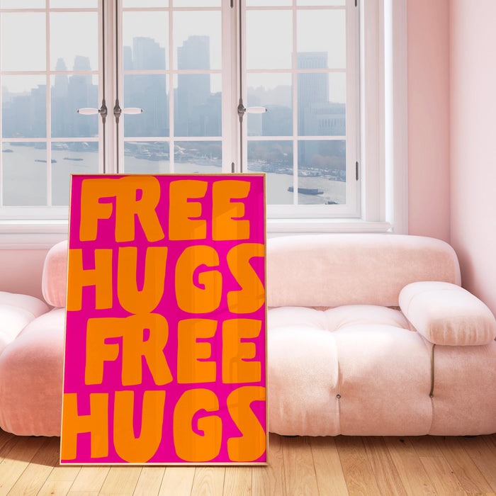 Free hugs pink orange print unique poster, funky 70s pink wall art, digital artwork,printable, girly dorm room trendy retro digital download