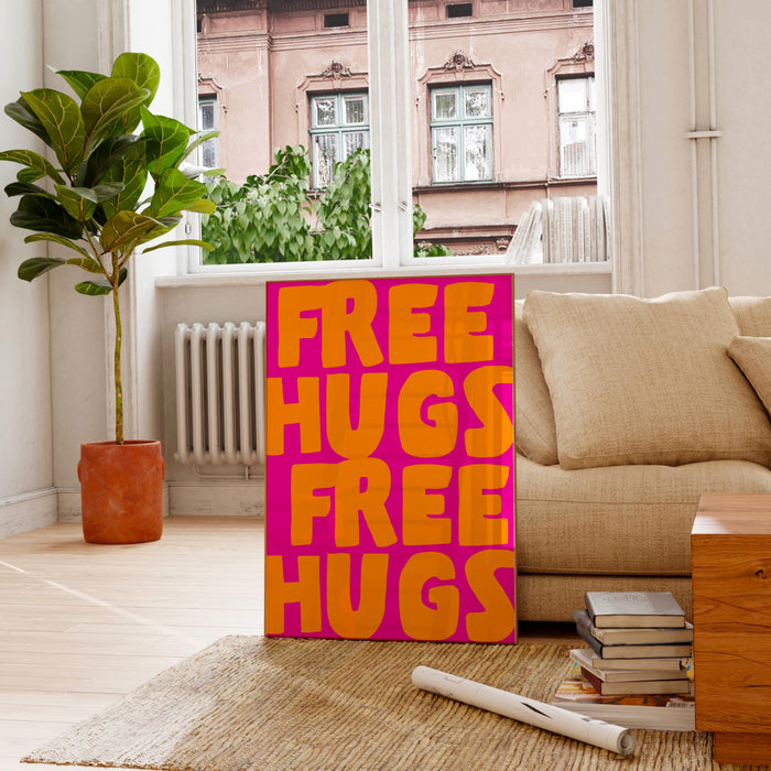 Free hugs pink orange print unique poster, funky 70s pink wall art, digital artwork,printable, girly dorm room trendy retro digital download