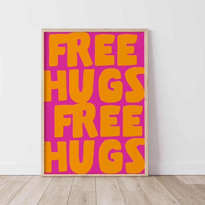 Free hugs pink orange print unique poster, funky 70s pink wall art, digital artwork,printable, girly dorm room trendy retro digital download