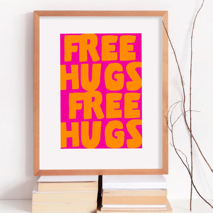 Free hugs pink orange print unique poster, funky 70s pink wall art, digital artwork,printable, girly dorm room trendy retro digital download