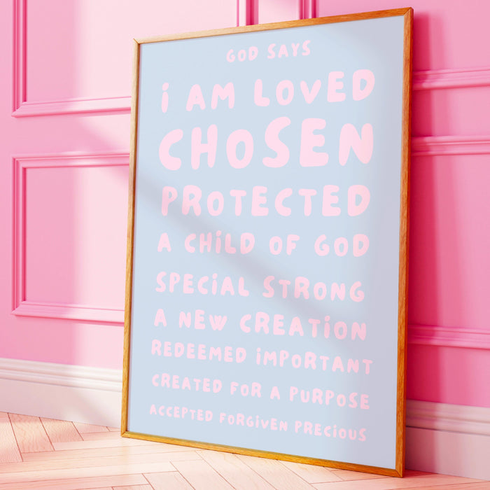 God Says I Am Loved Christian Scripture Gift pale blue blush pink Poster Pink Wall Art Printable Maximalist Christian Dorm Digital Download