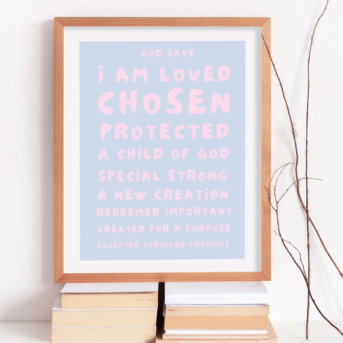 God Says I Am Loved Christian Scripture Gift pale blue blush pink Poster Pink Wall Art Printable Maximalist Christian Dorm Digital Download