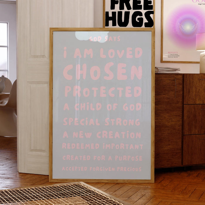 God Says I Am Loved Christian Scripture Gift pale blue blush pink Poster Pink Wall Art Printable Maximalist Christian Dorm Digital Download