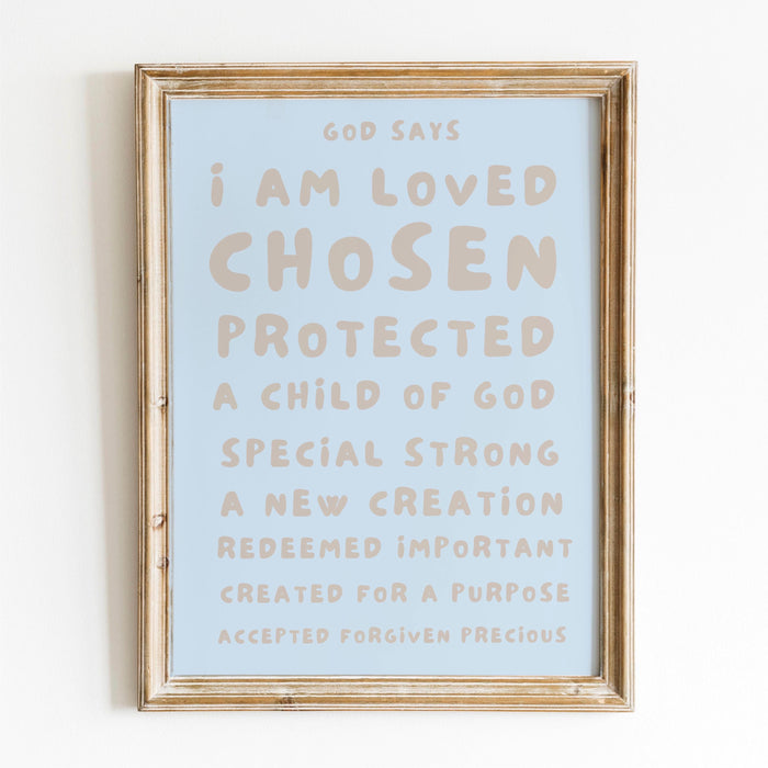 God Says I Am Loved Christian Scripture Gift  Poster Beige Blue Neutral Wall Art Printable Maximalist Christian Print Dorm Digital Download