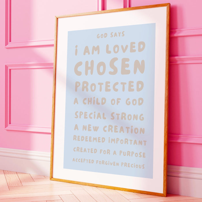God Says I Am Loved Christian Scripture Gift  Poster Beige Blue Neutral Wall Art Printable Maximalist Christian Print Dorm Digital Download