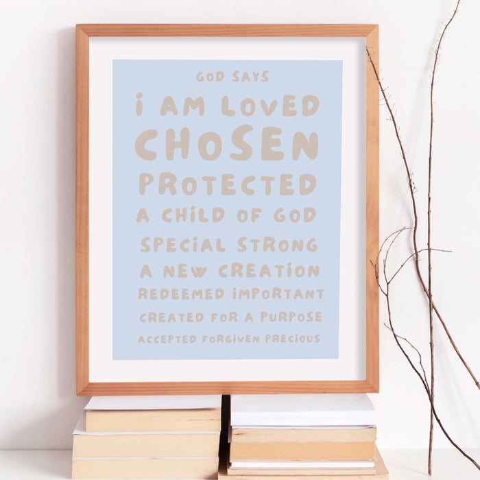 God Says I Am Loved Christian Scripture Gift  Poster Beige Blue Neutral Wall Art Printable Maximalist Christian Print Dorm Digital Download