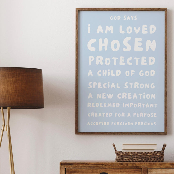 God Says I Am Loved Christian Scripture Gift Baby Blue Poster Nursery Wall Art Printable Maximalist Christian Dorm Digital Download