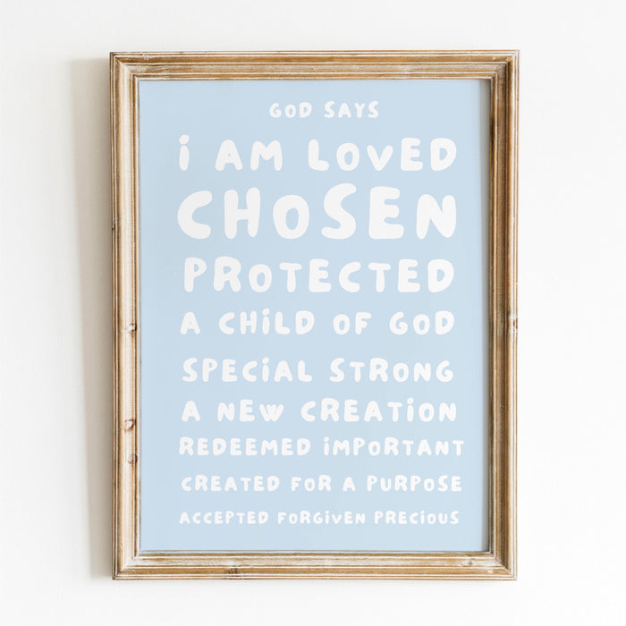 God Says I Am Loved Christian Scripture Gift Baby Blue Poster Nursery Wall Art Printable Maximalist Christian Dorm Digital Download