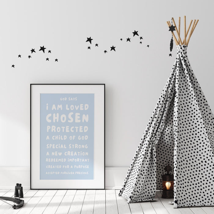 God Says I Am Loved Christian Scripture Gift Baby Blue Poster Nursery Wall Art Printable Maximalist Christian Dorm Digital Download