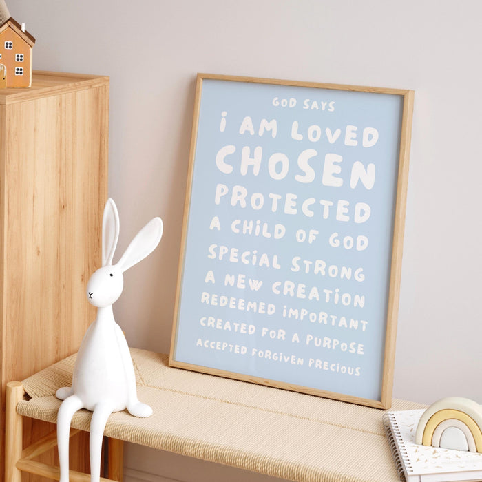 God Says I Am Loved Christian Scripture Gift Baby Blue Poster Nursery Wall Art Printable Maximalist Christian Dorm Digital Download