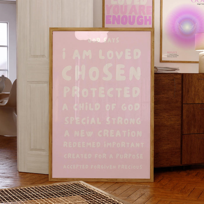 God Says I Am Loved Christian Scripture Gift pale blush pink Poster Pink Nursery Wall Art Printable Jesus Christian Dorm Digital Download