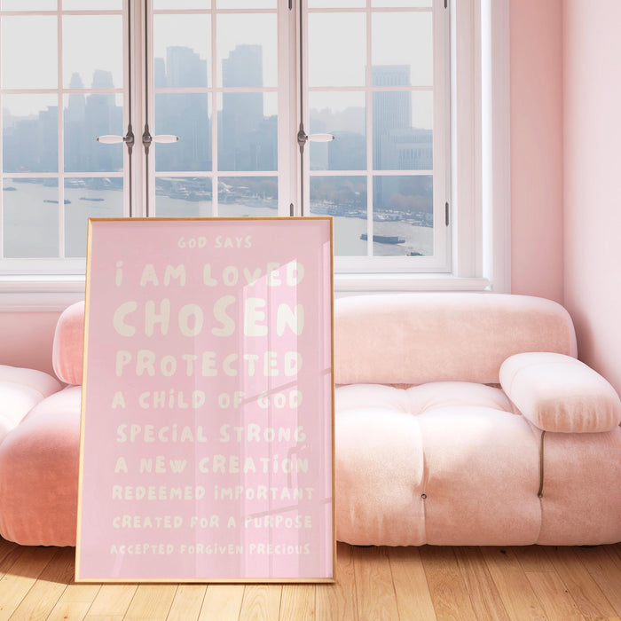 God Says I Am Loved Christian Scripture Gift pale blush pink Poster Pink Nursery Wall Art Printable Jesus Christian Dorm Digital Download