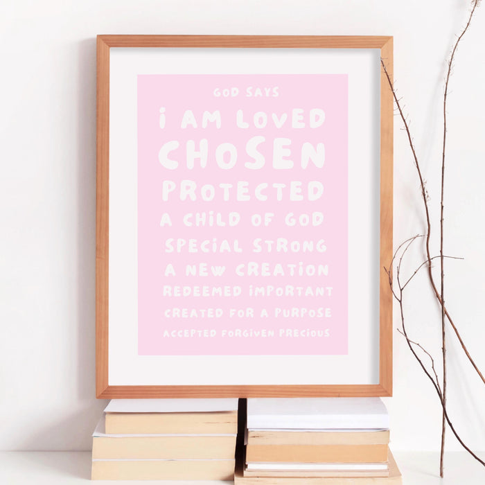 God Says I Am Loved Christian Scripture Gift pale blush pink Poster Pink Nursery Wall Art Printable Jesus Christian Dorm Digital Download