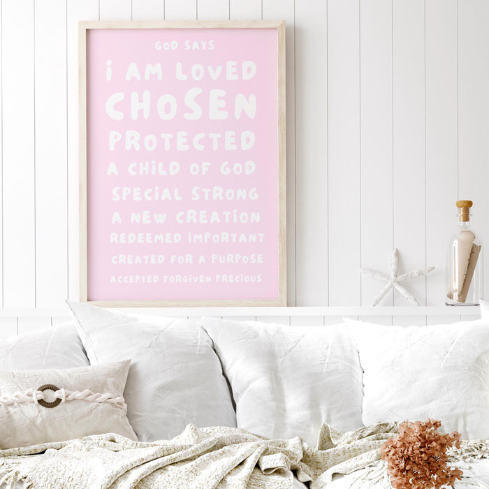 God Says I Am Loved Christian Scripture Gift pale blush pink Poster Pink Nursery Wall Art Printable Jesus Christian Dorm Digital Download